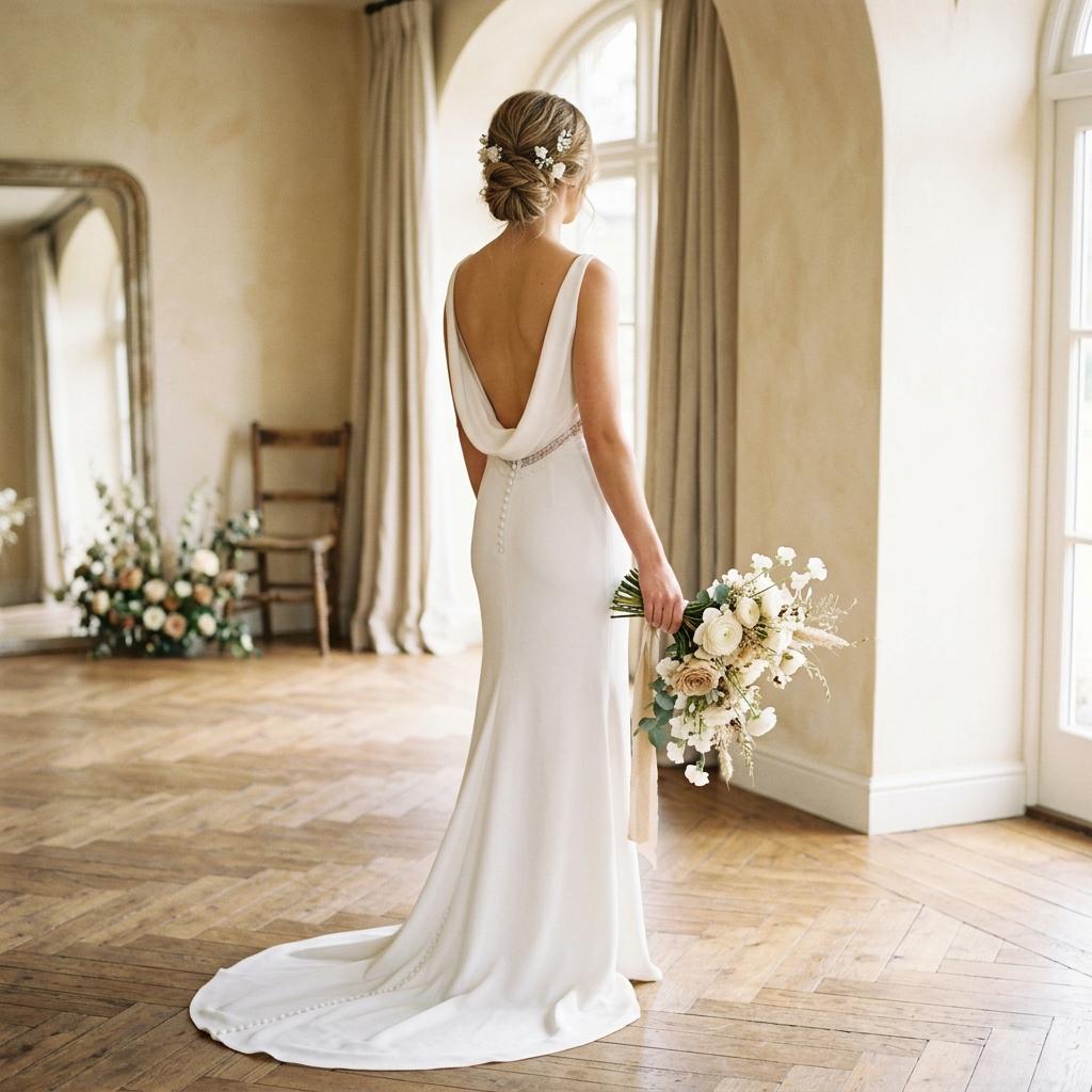Ästhetische Nahaufnahme einer Braut im Hochzeitskleid von hinten, die einen zarten Blumenstrauß hält