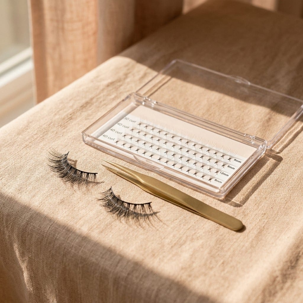 Zwei Wimpernbänder liegen neben einem Lash-Tray mit einzelnen Extension-Fächern und einer goldenen Pinzette, Lash Affair Schwäbisch Gmünd
