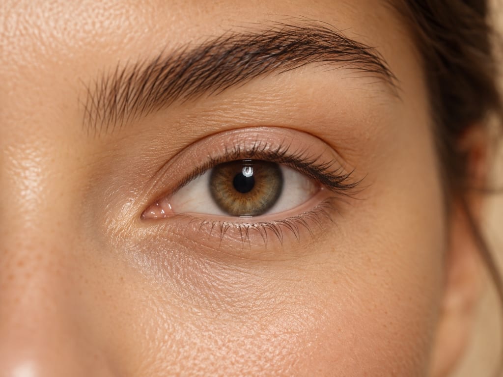 Nahaufnahme eines Auges mit natürlichen, kurzen Wimpern nach dem Entfernen der Extensions in warmem Studiolicht, Lash Affair Schwäbisch Gmünd