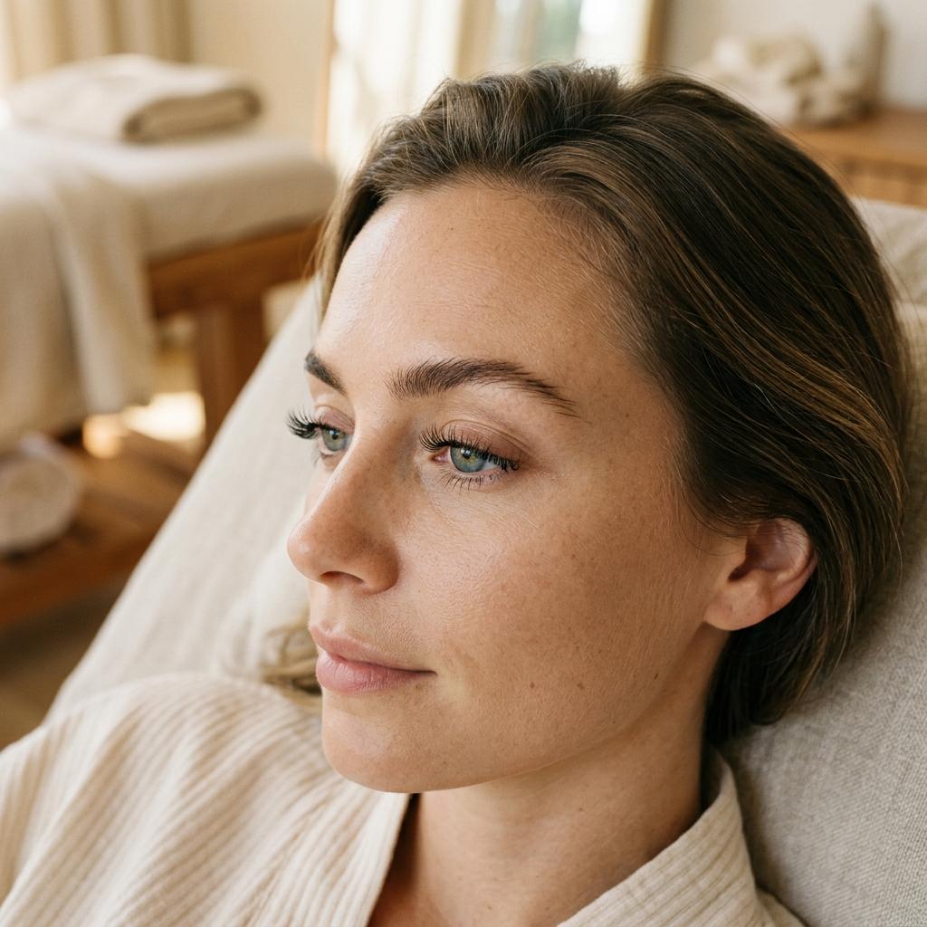 Nahaufnahme von gesunden, gepflegten Naturwimpern und sanftem Eyelash-Styling in warmem Studiolicht.