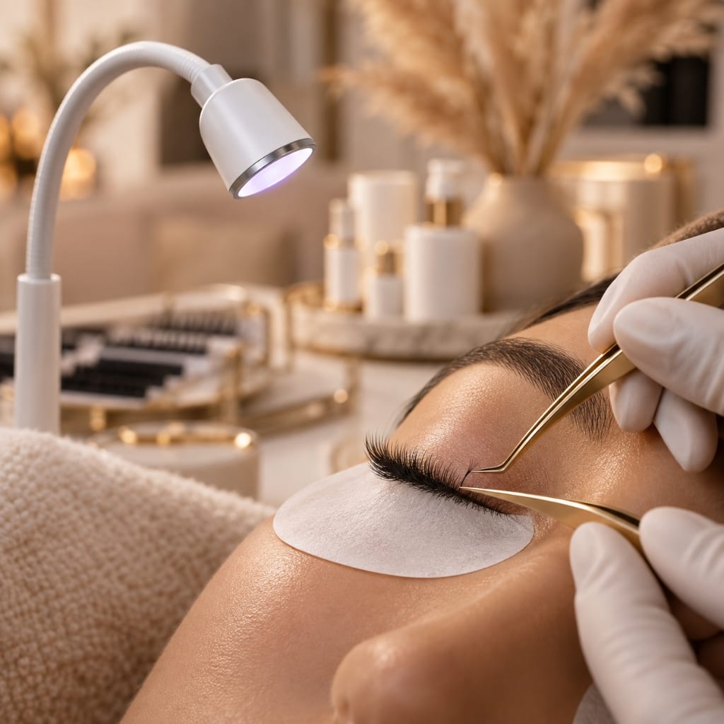 UV-LED-Lampe über dem geschlossenen Auge einer Kundin während der Wimpernverlängerung, Lash Affair Schwäbisch Gmünd