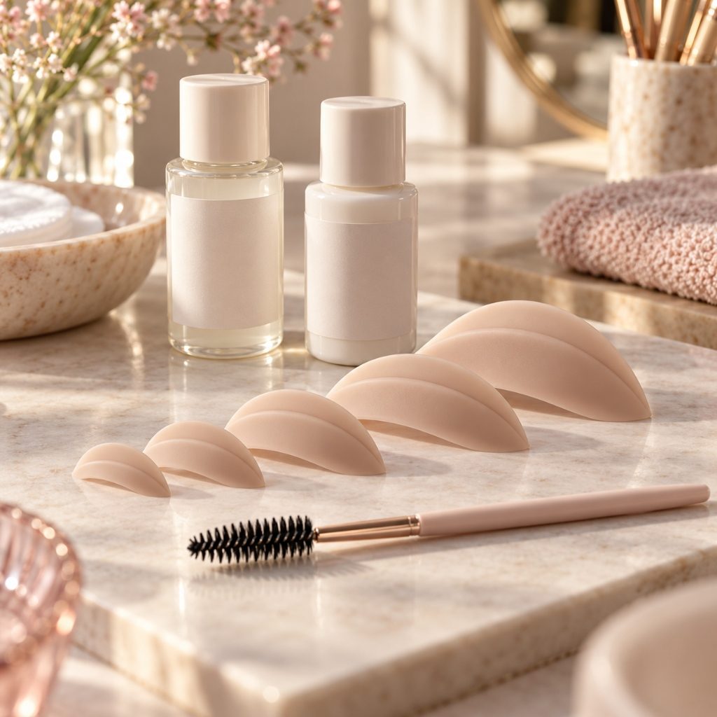 Stillleben auf einem hellen Arbeitstisch im Studio: Silikonpads in verschiedenen Größen, kleine Lotionsfläschchen und ein Wimpernbürstchen für ein Wimpernlifting bei Lash Affair Schwäbisch Gmünd