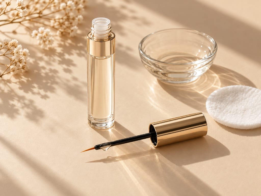 Ein Wimpernserum-Fläschchen mit feinem Applikator-Pinsel neben einer kleinen Schale mit transparentem Serum auf beigem Untergrund, Lash Affair Schwäbisch Gmünd