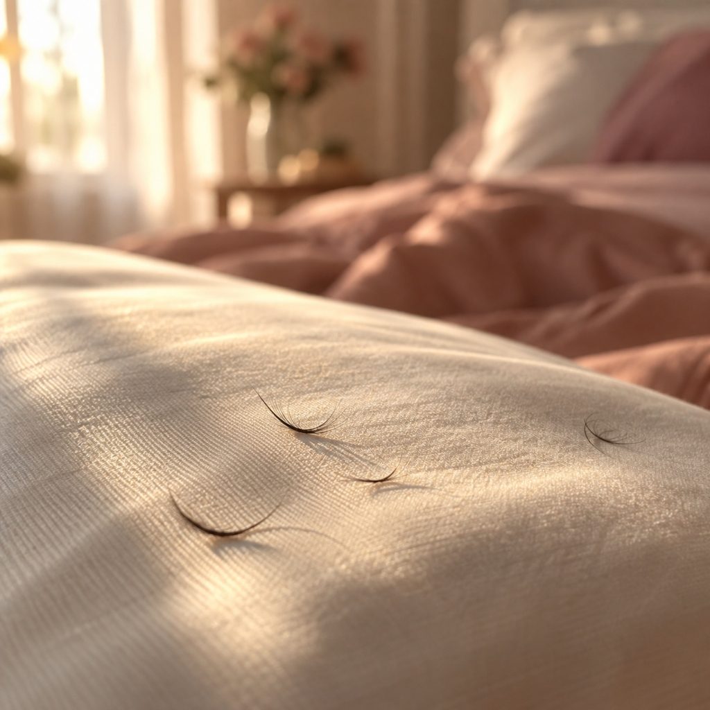 Einzelne feine Wimpernhaare auf einem hellen Kissenbezug im warmen Morgenlicht, Symbol für ausgefallene Wimpern nach der Geburt