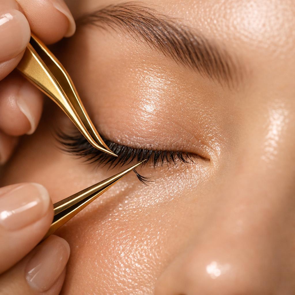 Refill einer Wimpernverlängerung: Mit zwei goldenen Pinzetten wird eine einzelne Extension auf die isolierte Naturwimper gesetzt – Lash Affair Schwäbisch Gmünd