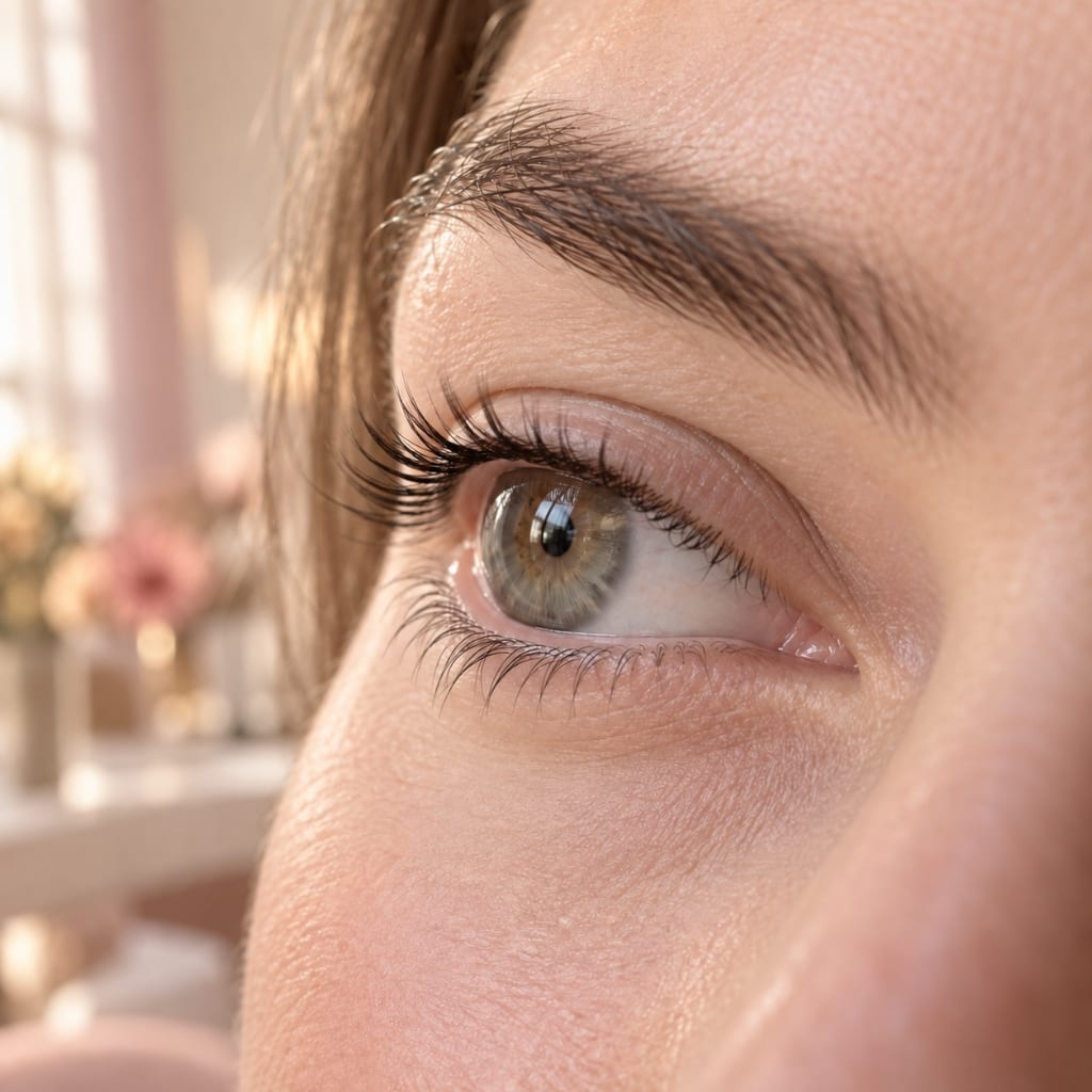 Nahaufnahme eines geöffneten Auges mit gelifteten Wimpern, am Ansatz wächst gerades Neuwuchs nach während die Spitzen noch gebogen sind, Lash Affair Schwäbisch Gmünd
