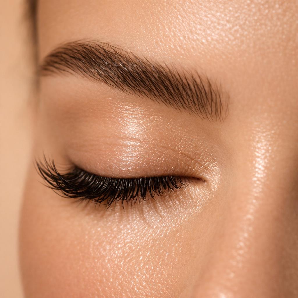 Nahaufnahme eines geschlossenen Auges mit geliftetem, dunklem Wimpernkranz und geformter Braue – Wimpernlifting mit Tönung bei Lash Affair in Schwäbisch Gmünd
