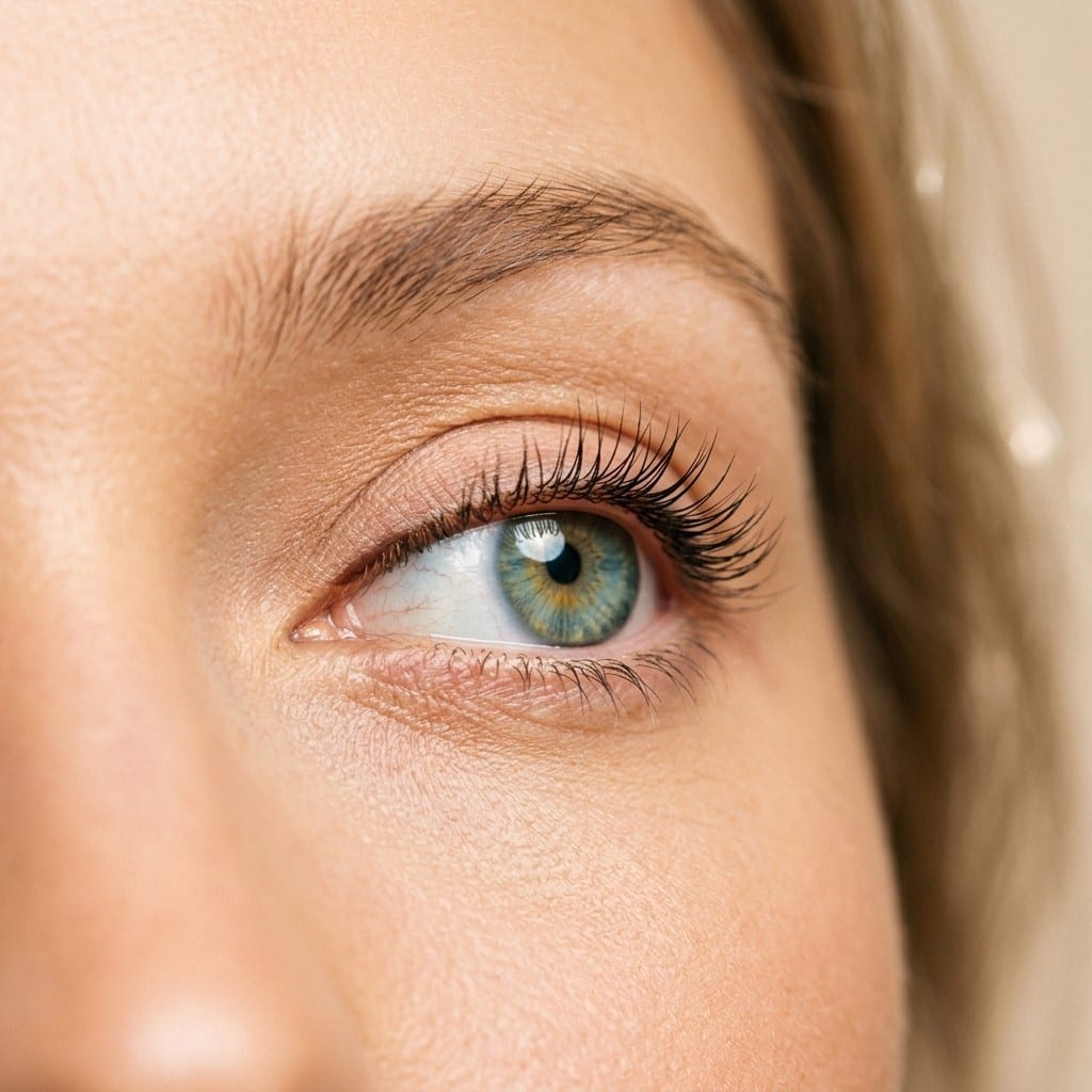 Geöffnetes Auge mit sanft nach oben geschwungenen Naturwimpern nach einem Keratin-Lifting, Lash Affair Schwäbisch Gmünd