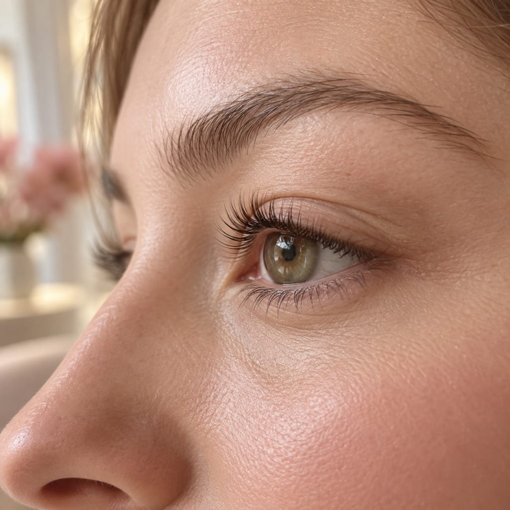 Nahaufnahme eines geöffneten Auges mit Schlupflid nach einem Wimpernlifting, die Naturwimpern sind vom Ansatz aus aufgerichtet und schieben sich sichtbar unter der Lidfalte hervor, Lash Affair Schwäbisch Gmünd