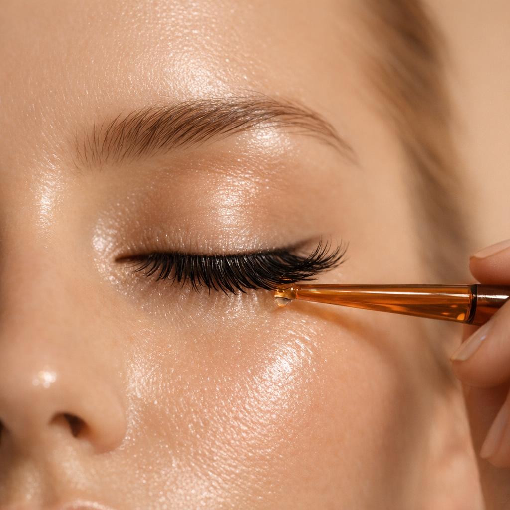 Wimpernserum wird bei getragener Wimpernverlängerung vorsichtig an der Lidkante aufgetragen – Lash Affair Schwäbisch Gmünd