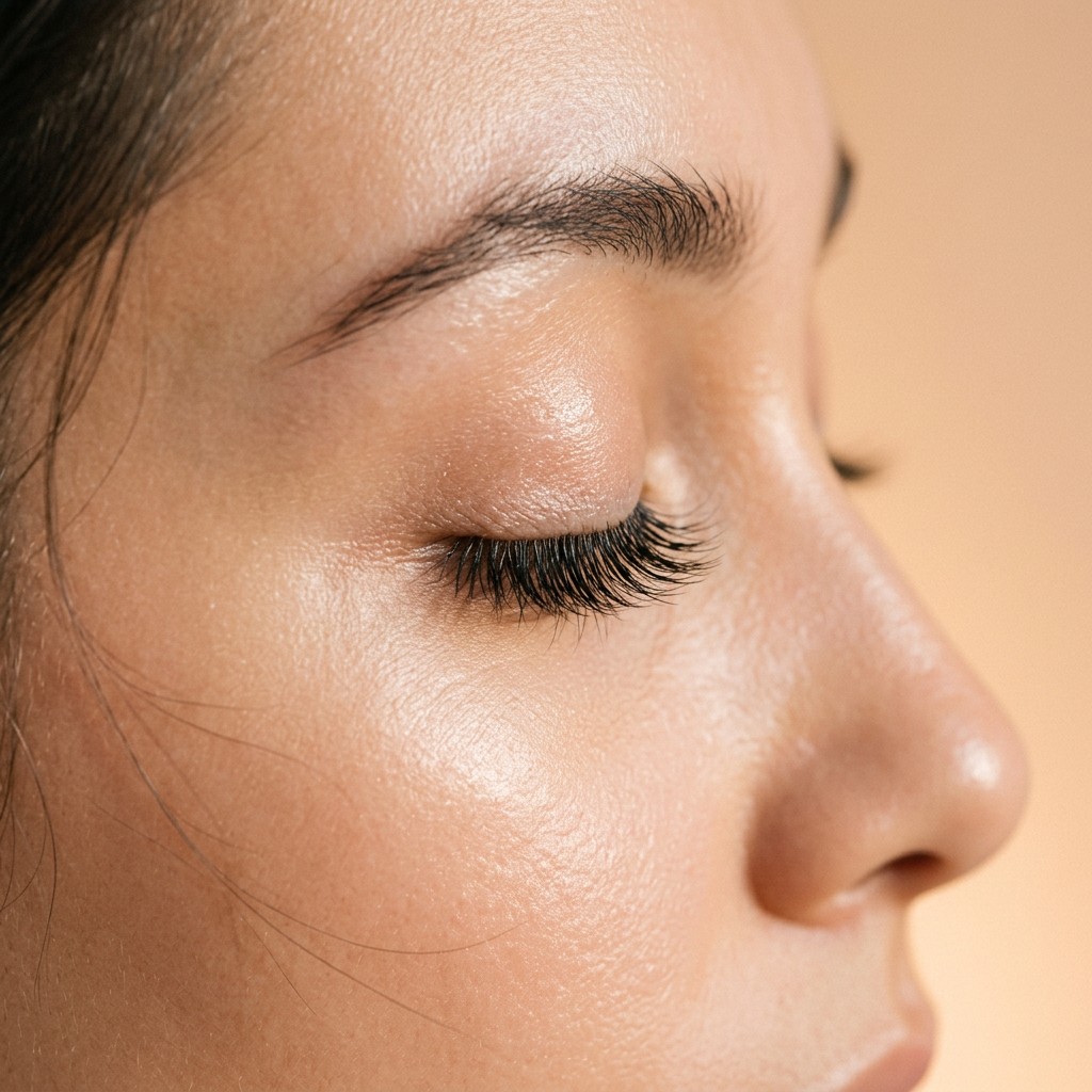 Seitenprofil eines geschlossenen Auges mit vollem, gesundem Wimpernkranz im Atelier Lash Affair in Schwäbisch Gmünd