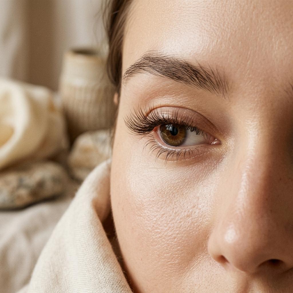 Ästhetische Nahaufnahme eines Auges mit Wimpernextensions in sanftem, warmem Studiolicht