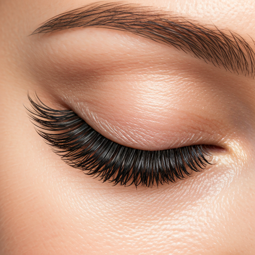 Nahaufnahme hochwertiger Wimpernverlängerungen in warmem Studiolicht