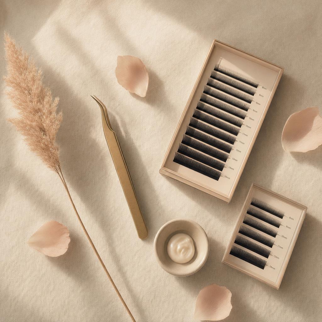 Lash-Trays mit Wimpernfächern in verschiedenen Längen und goldene Pinzette im Lash Affair Atelier