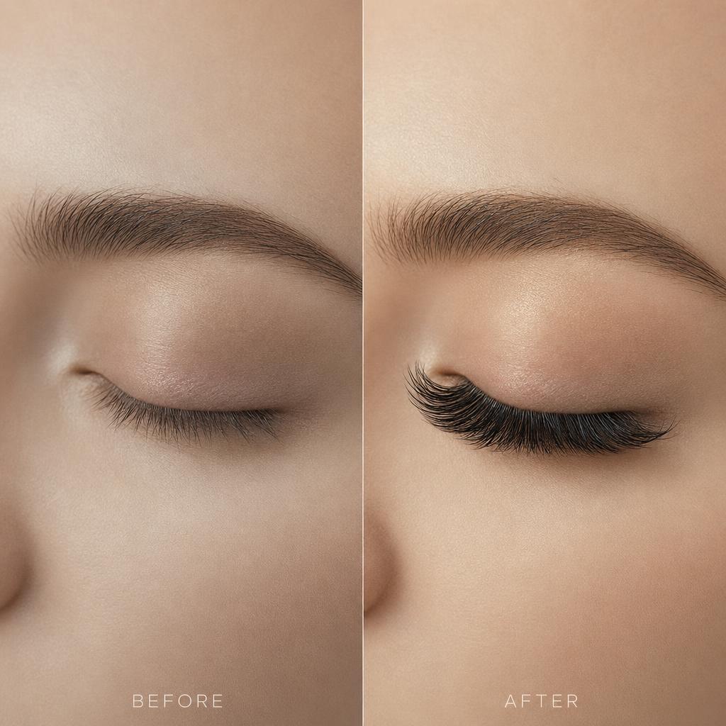 Vorher-Nachher-Vergleich einer Wimpernverlängerung mit Volume-Effekt